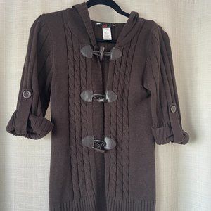 Deep Chocolate Brown Hooded Short Sleeved Sweater Jacket with Clasps